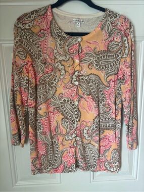 croft & barrow Pink, Tan and Brown Paisley Button-Front Cardigan